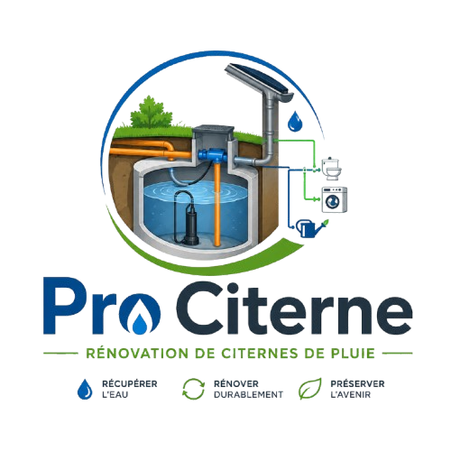 Schéma d'une citerne d'eau de pluie en béton avec pompe, filtration et raccordements